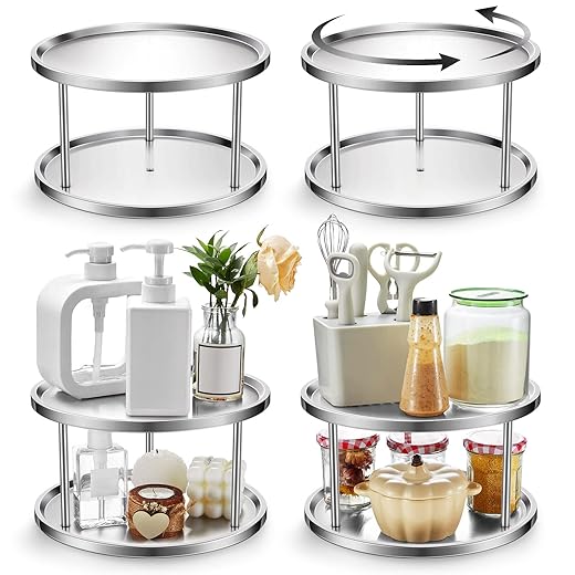 Zubebe 4 Pcs Stainless Steel Lazy Susan 2 Tier Rotating Spice Rack Lazy Susan Spice Rack Organizer for Cabinet 360 Degree Spice Rack Turntable Tray Kitchen Counter Cabinet Pantry Storage, 10.5 in