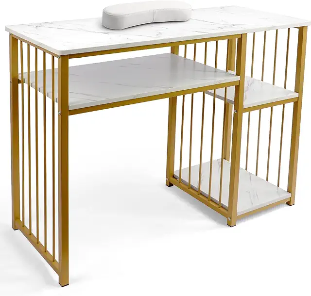 Professional Marble Nail Desk with Arm Rest - Large Salon Workstation for Nail Techs