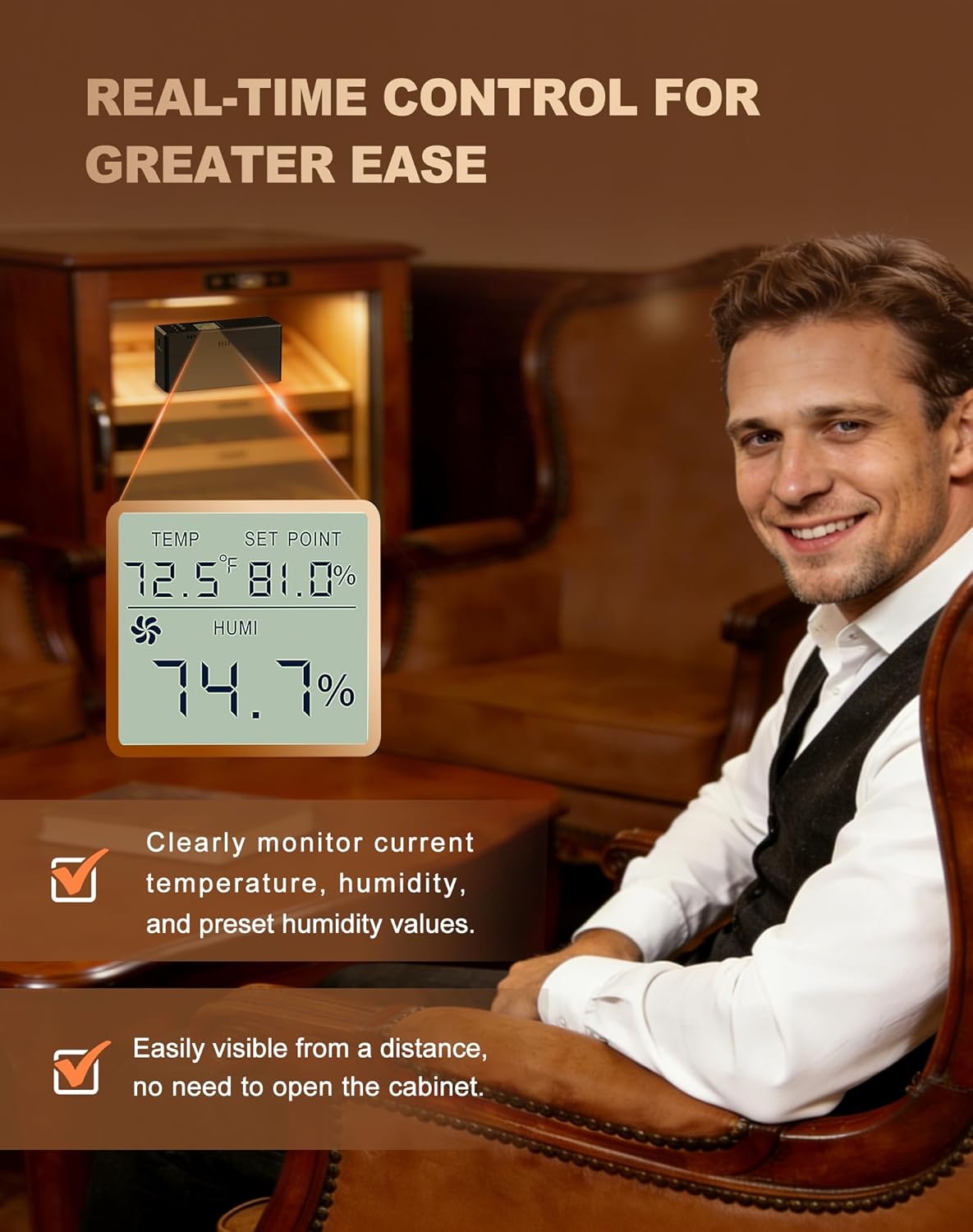 Briidea Electric Humidifier for Cabinet (Fits 8 Cu Ft), Adjustable 20%–90% RH, Quiet Operation with Real-Time Temp & Humidity Display, Precise Humidity Control, Ideal for Storing up to 300 PCS
