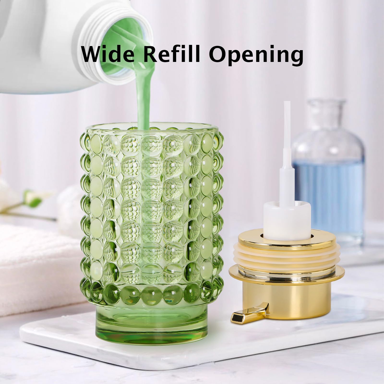 Schaumseifenspender aus Glas, grüner Schaum-Handseifenspender, 340 ml, große Flasche mit goldfarbener Pumpe, nachfüllbarer Lotion-Pumpbehälter für Badezimmer, Küche, Handseife, Spülseife