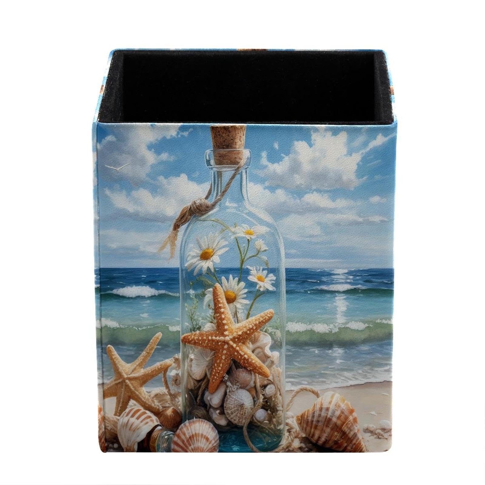 XingFox Starfish Drift Bottle Painting Pen Holder for Desk Deco, Sqaure PVC Leather Pencil Cup for Desk Pen Organizer, Makeup Brush Holder for School, Home, Office