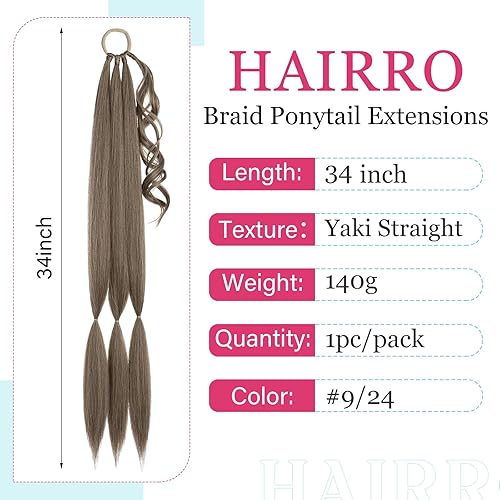 Miniatura 8 de Hairro Extensión de cola de caballo larga trenzada para manualidades, cola de caballo sintética, Yaki, recta, para mujer, 34 pulgadas, #8B