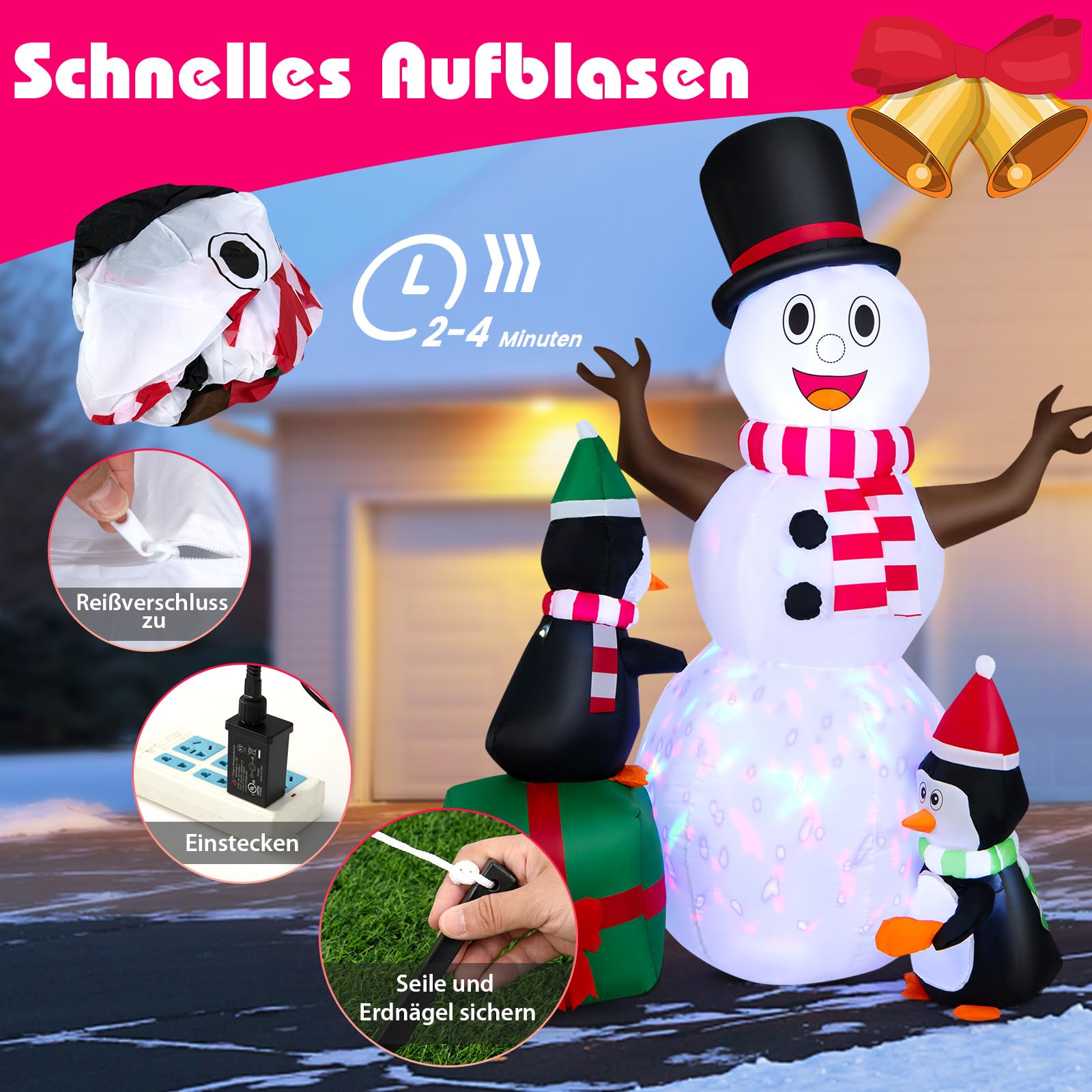 COSTWAY 180CM Aufblasbarer Schneemann mit Pinguinen, Weihnachten Deko draußen XL, Weihnachtsdeko Outdoor mit bunten LED Lichtern, Festdekoration selbstaufblasend