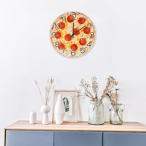 Miniatura 4 de Reloj de pared redondo de madera con números arábigos, comida y pizza, silencioso, sin tictac, funciona con pilas, relojes grandes para sala de