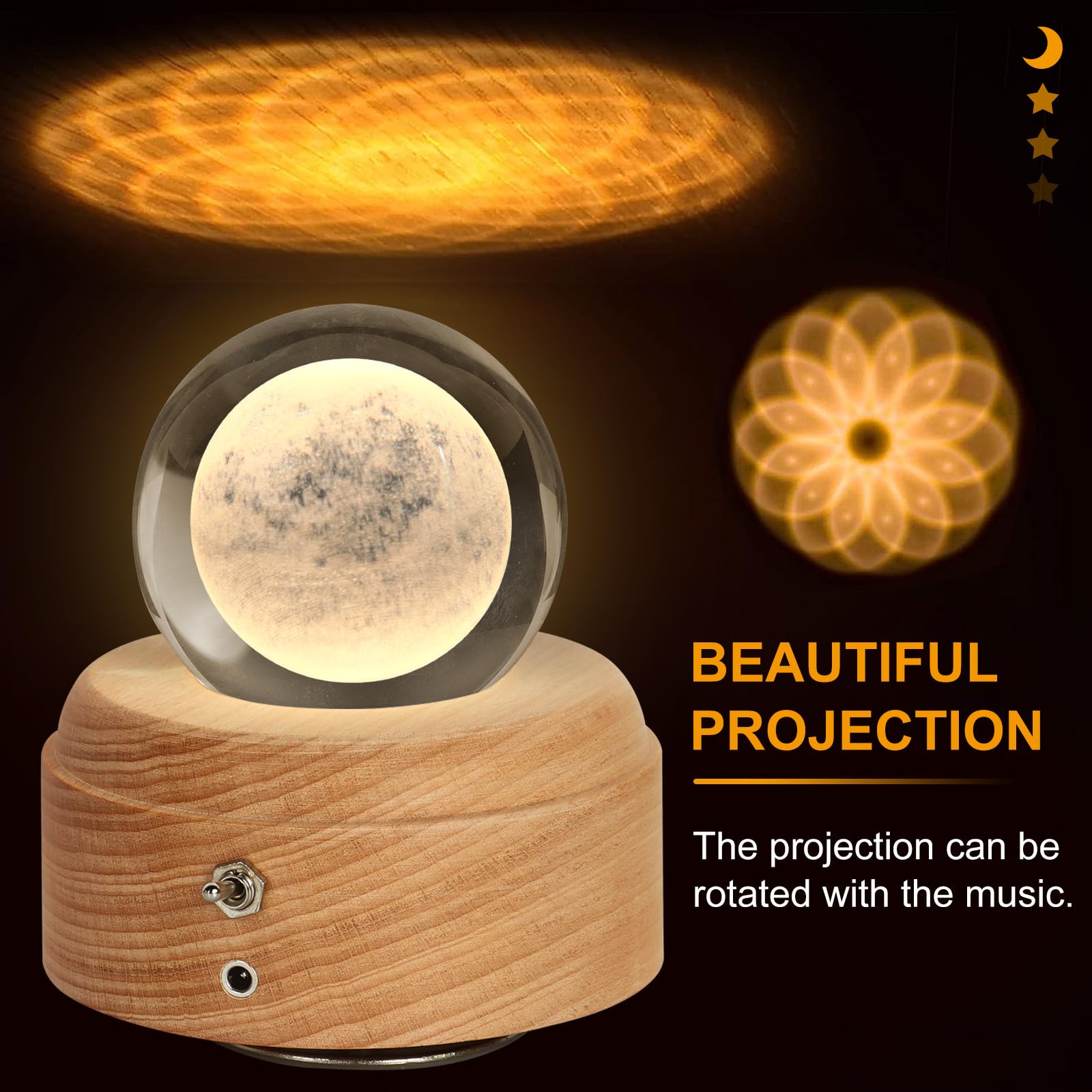 Ulable Music Box – Moon Crystal Ball Music Boxes with Bright Projection LED Lights and Rotating Wooden Base, Perfect Delicate Gift for Women, Girls, Mum on Christmas Valentine's Day