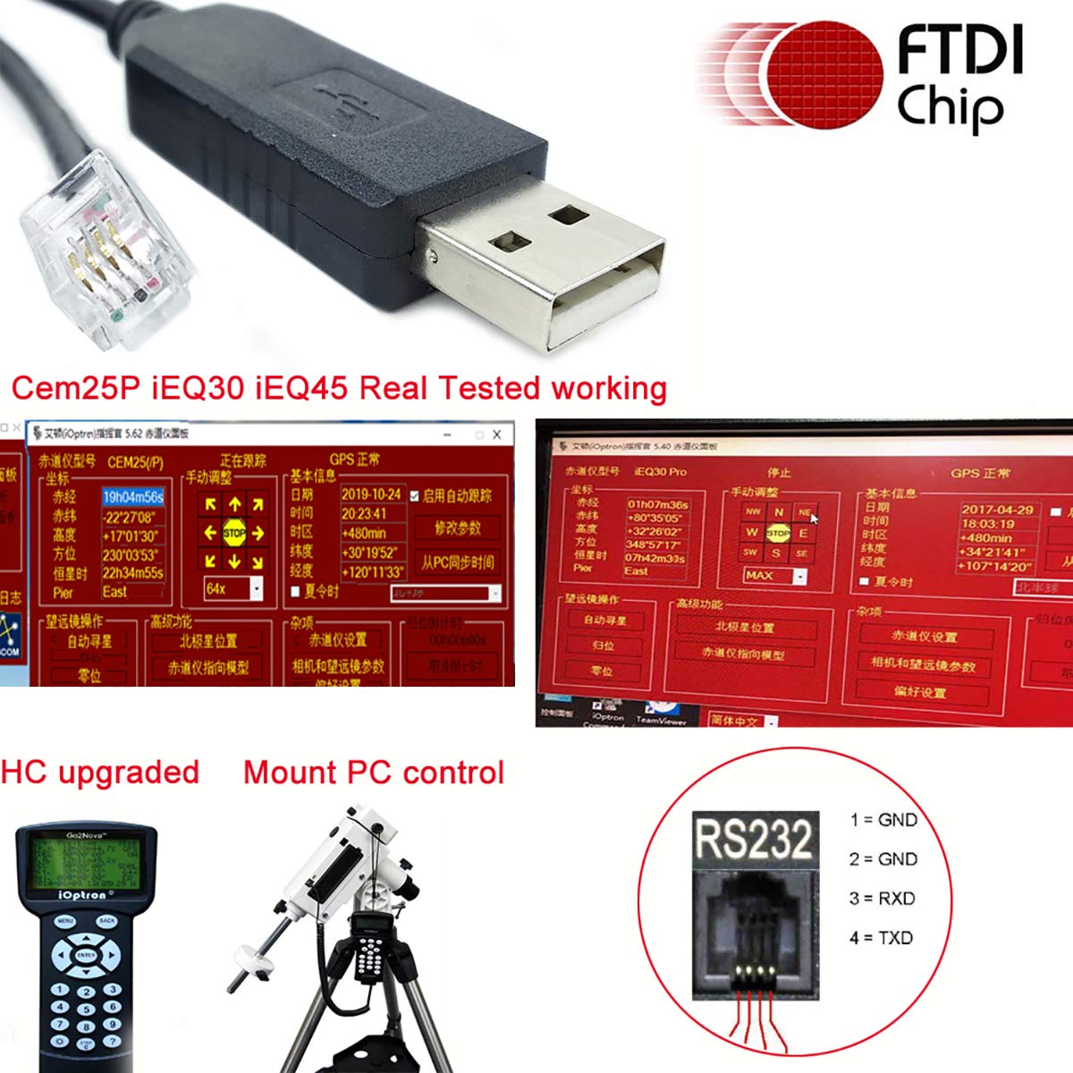 Ioptron Câble de commande de télescope USB RS232 RJ9 pour console équatoriale Mise à niveau Ligne de codage Ieq30pro Longueur : 1 m