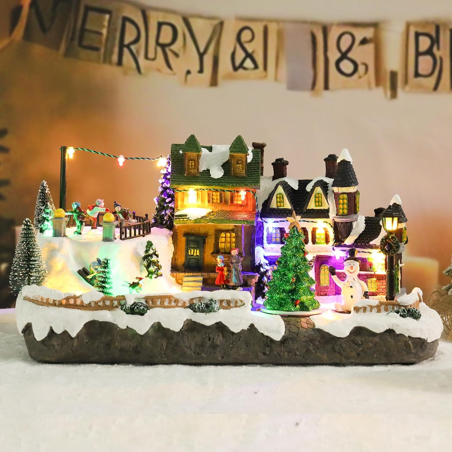 Afirst Christmas Village Houses Collectible Figurines Skaters Skiers Rotating Xmas Tree Lighted Christmas Houses Collectable Light Up Musical with USB Indoor Display Figurines Decoration Village & Skaters Skiers