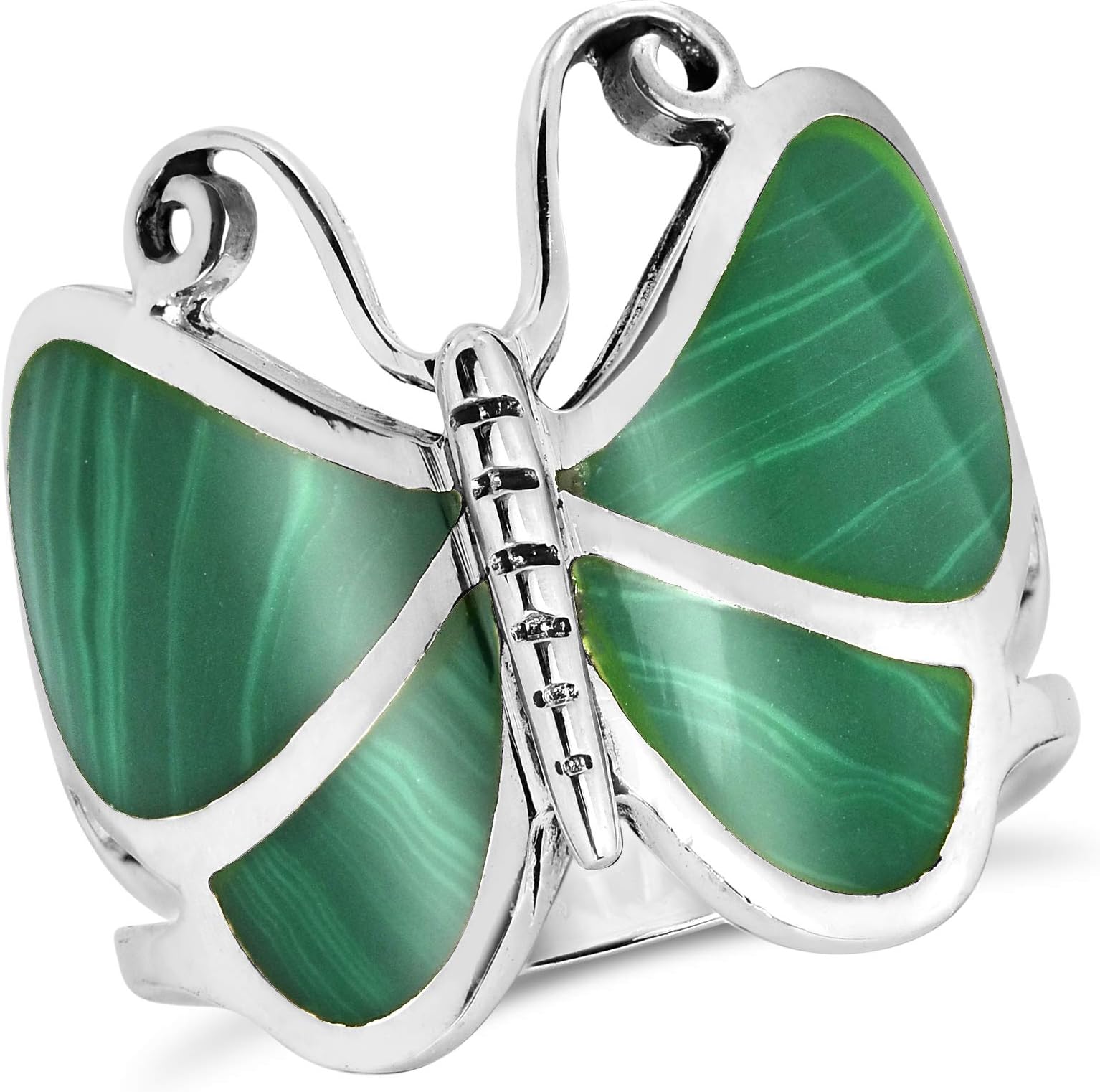 AeraVida Women's Nature Inspired Inspirational Butterfly with Green Malachite Inlays in Sterling Silver Ring Sizes 6-11 for Trendy Summer Fashion with Fairy Wing Vibes