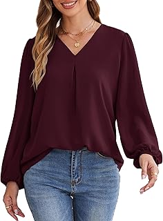 GRACE KARIN Women's Long Sleeve Blouse Casual V-Neck Shirt Pullover Chiffon Lantern Sleeve Top