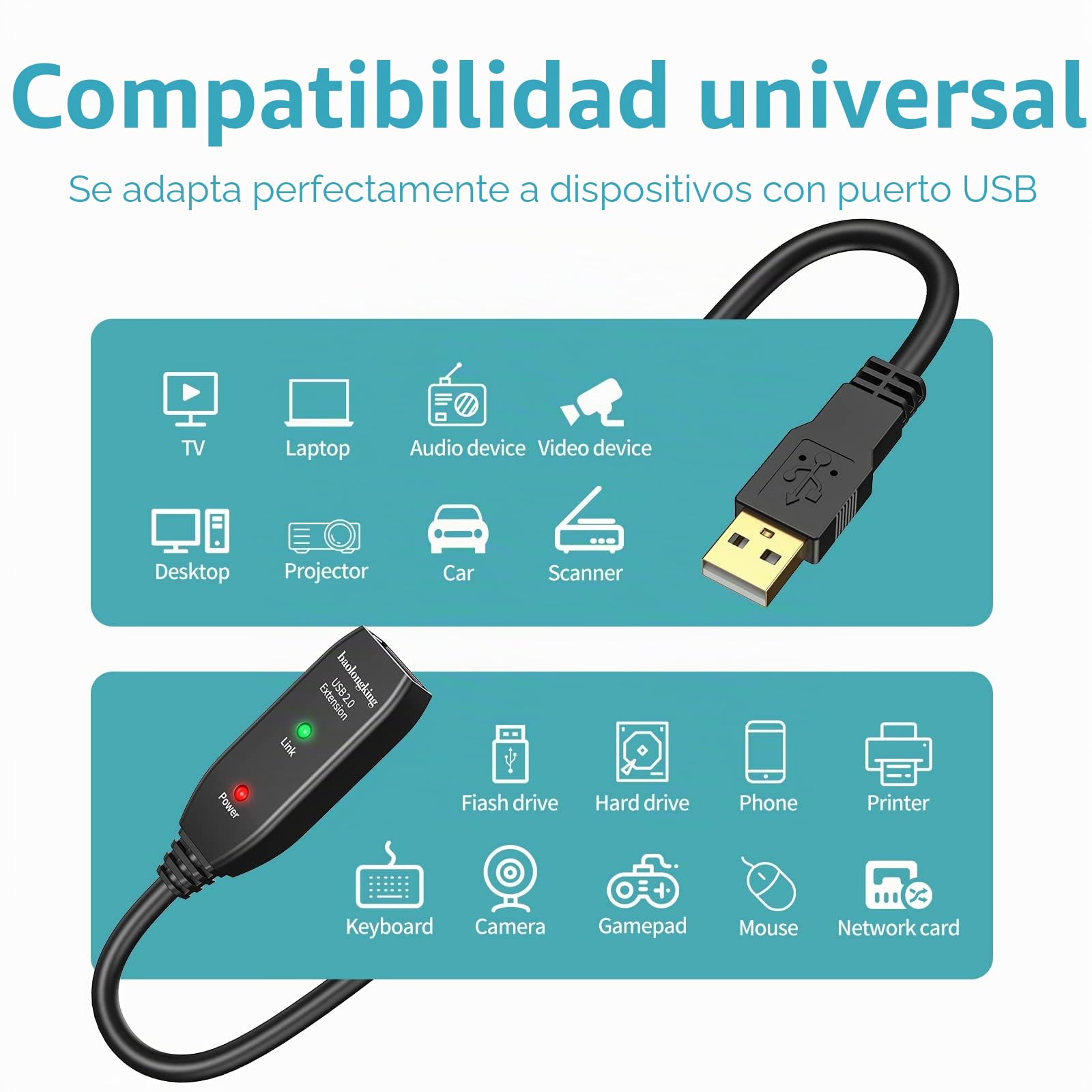 Cable alargador USB de 5 m, 10 m, 15 m ó 20 m. USB 2.0, repetidor activo, con conectores macho a hembra, cables largos con amplificador de señal (20m)