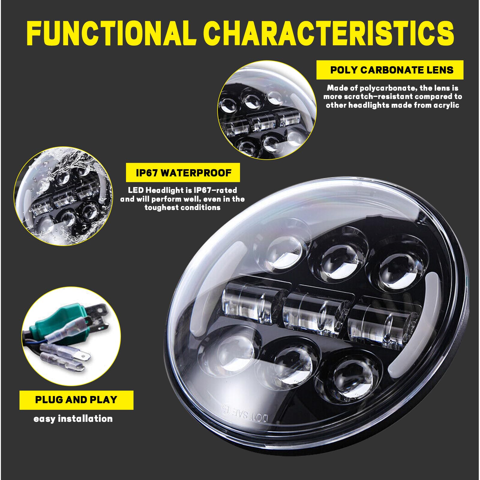Phare LED rond de 5-3/4" 5,75 pouces (14,5 cm) avec clignotants, feux de route et de croisement, DRL, compatible avec Harley Sportster XL 883 1200 Dyna