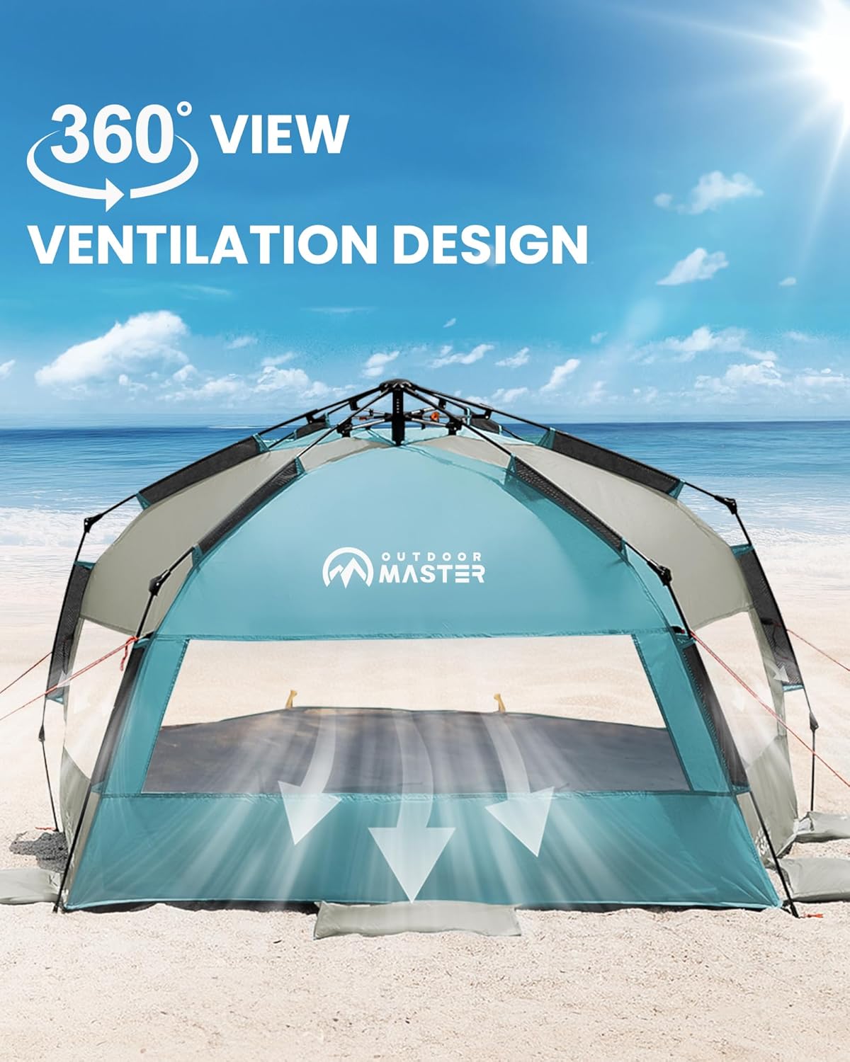 OutdoorMaster Beach Tent Sun Shelter for 3-4 Person, Pop Up Beach Tent Easy Setup with Sandbags, Portable Sun Shade Canopy with Carrying Bag for Beach & Outdoor, UPF50+ UV Protection, Family Size