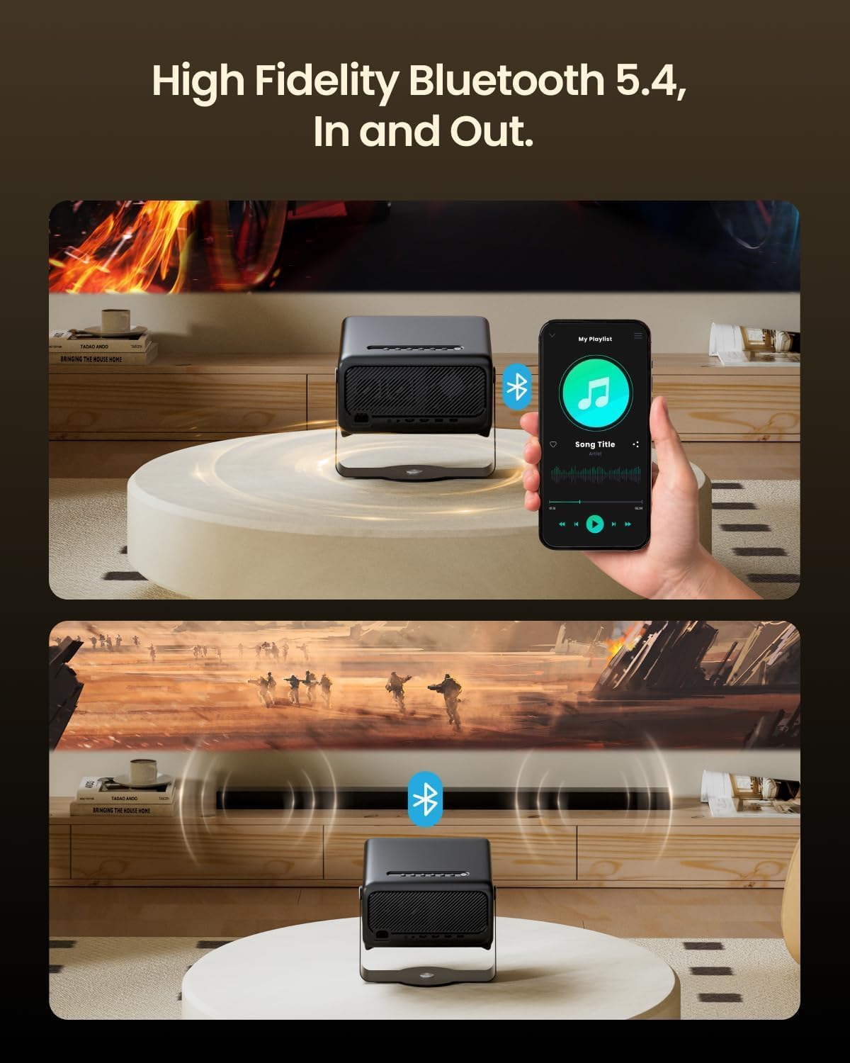 Smart Projector with Netflix Ready & Free Live TV, 1500 ANSI Lumens & 4K Decoding, 2GB+32GB Memory & MEMC, 360° Adjustable Stand, AI Auto Focus, Dolby Audio