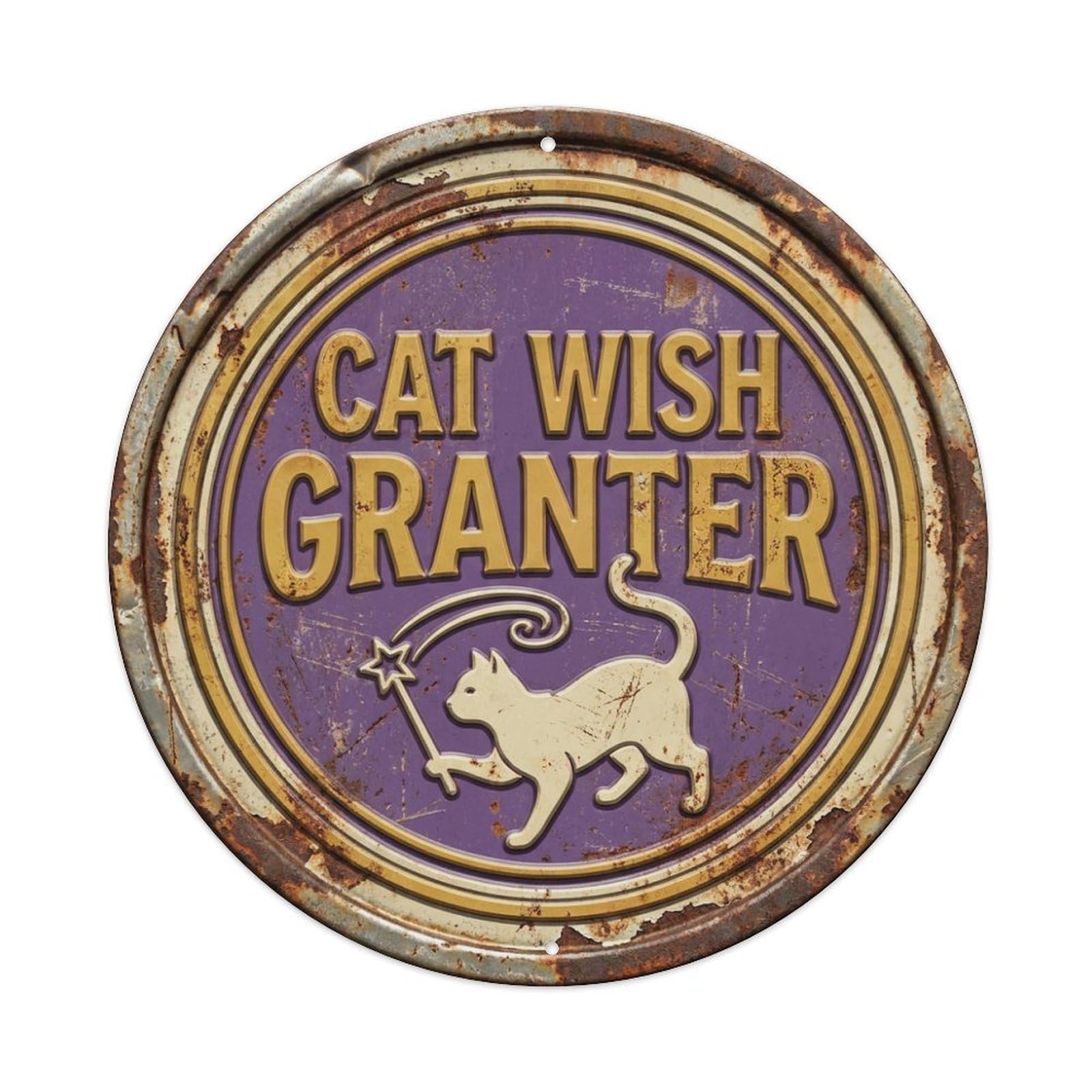Vintage Cat Wish Granter Purr Metal Tin Sign Plaque Wall Decor for Cafe, Club, Garden Round Metal Poster 8x8Inch