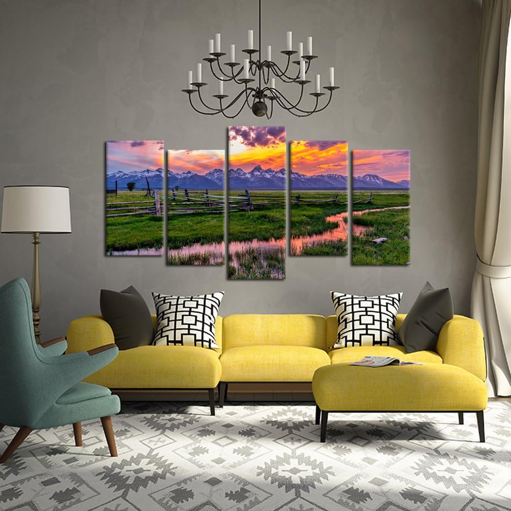 KREATIVE ARTS - 5 Pieces Grand Teton National Park USA Landscape Wall Art Canvas Print Sunset Nature Picture Modern Home Decor Stretched and Framed Ready to Hang (Large Size 60x32inch)