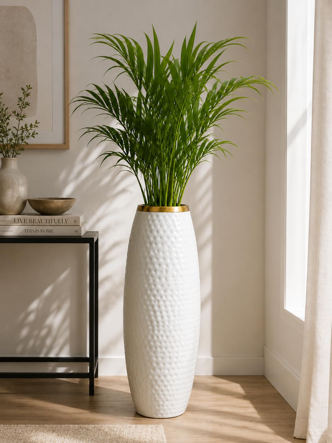 Hammered Metal Floor Vase for Living Room Décor | Large Decorative Flower Vase with Gold Rim | Modern Tall Floor Planter for Artificial Plants & Pampas Grass | 8 x 24 Inch-image-8