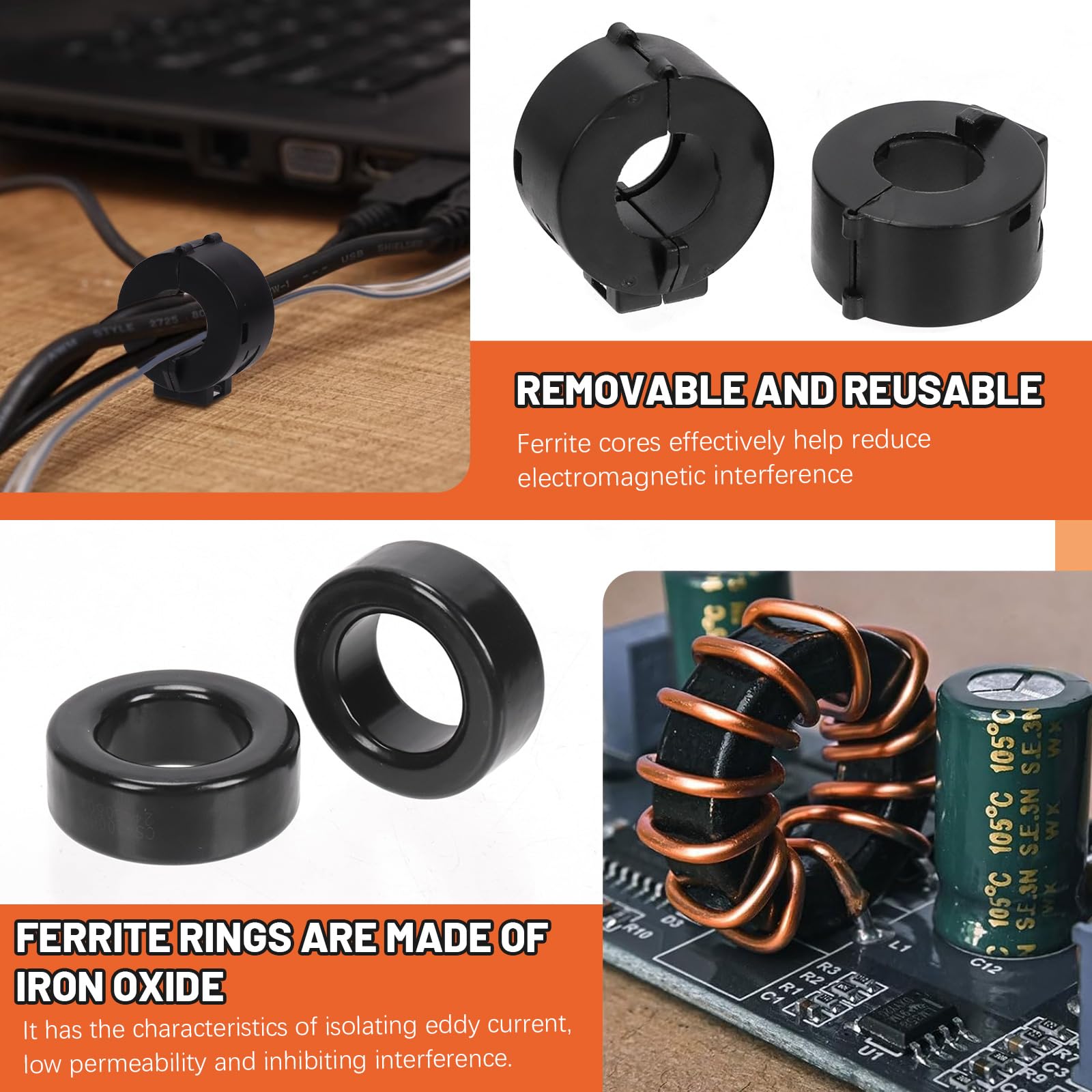 Tanstic 32 pièces noir clip-on ferrite anneau noyau RFI EMI bruit suppresseur câble clip avec anneaux ferrite toroïdal noyau fer pour 3,5 mm 5 mm 7 mm 9 mm 13 mm 15 mm diamètre câble