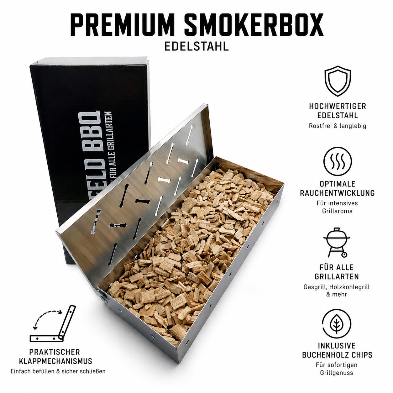 Bergfeld BBQ – Scatola per affumicatura con trucioli per tutti i tipi di barbecue – Smoker Box in robusto acciaio inox per grigliare – Aroma per carne, pesce e verdure (dimensioni: 22 x 9,5 x 4 cm)