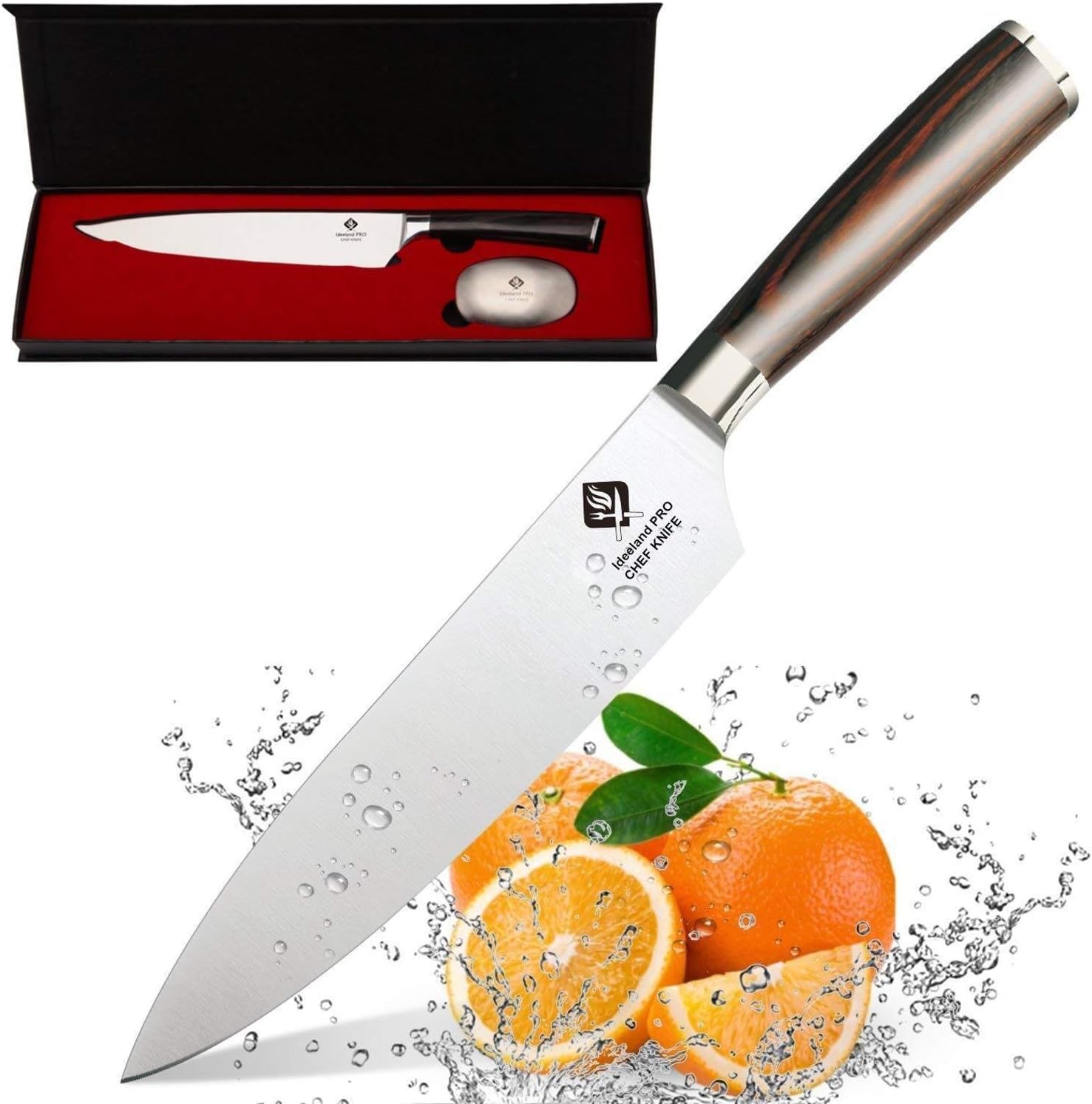 IDEELAND Pro 8 Inch Chef Knife with Bonus Odor Remover - High Carbon Stainless Steel Professional Kitchen Knife - Handcrafted Handle - Razor Sharp Knife Set to Slice, Dice, Chop Vegetable & Meat