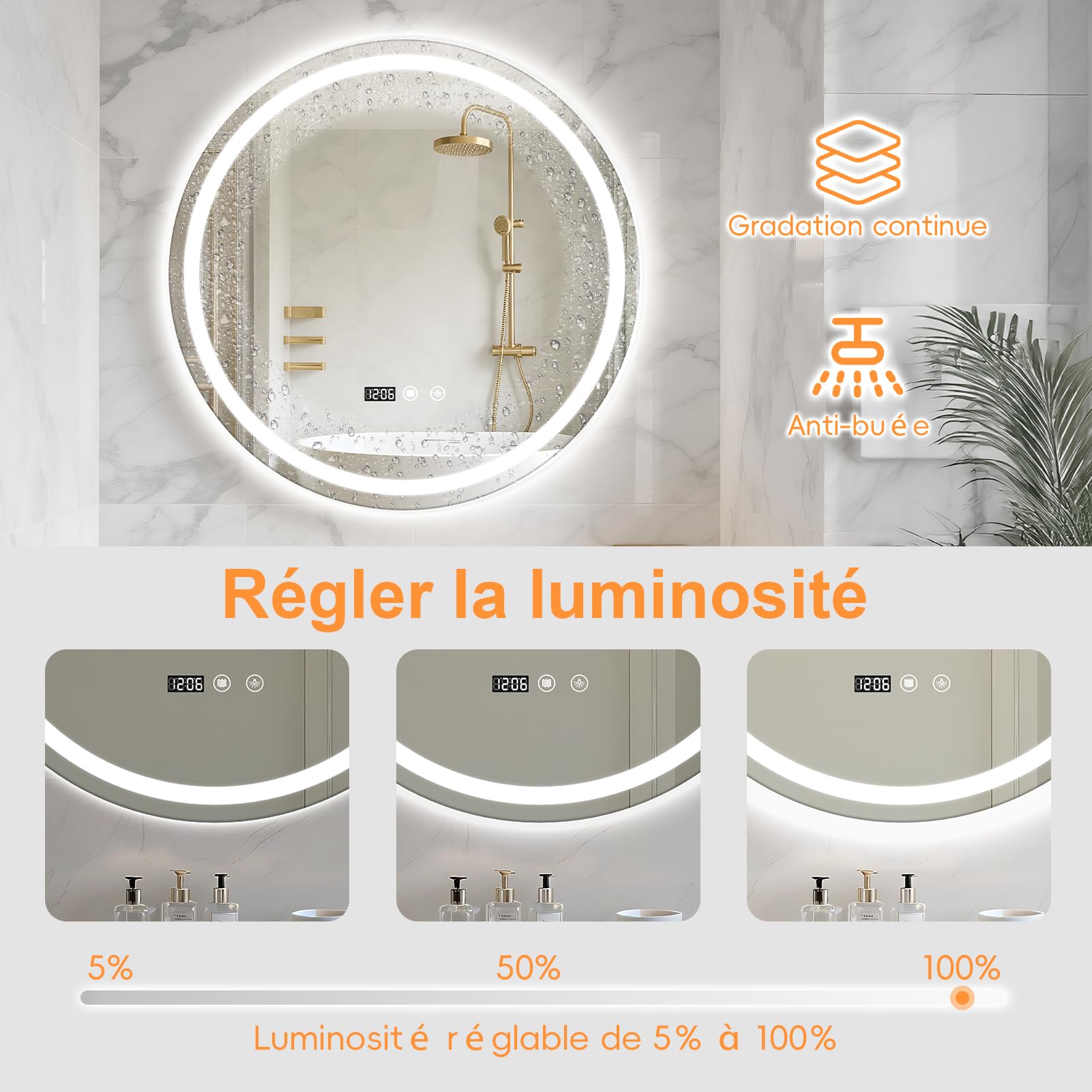 Miroir Salle de Bain avec Eclairage, Miroir LED Salle de Bain de Maquillage Anti-Buée avec Interrupteur Tactile, Miroirs Lumineux Salles de Bain (60×60cm)