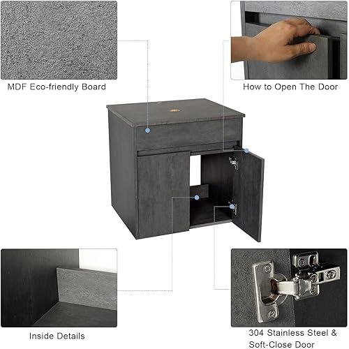 Miniatura 4 de eclife Juego de lavabo de tocador de baño de 24 pulgadas, montaje en pared, color gris hormigón, cubierta de fregadero de vidrio templado, con grifo