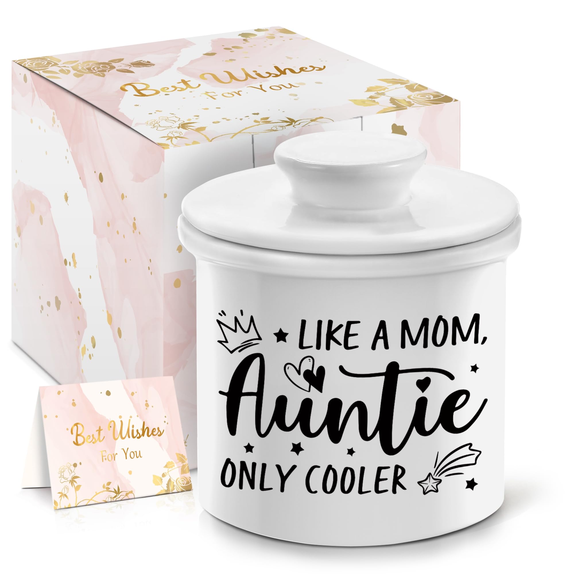 Photo 1 of Christmas Aunt Gifts from Niece, Best Aunt Ever Gifts for Christmas, Christmas Aunt Gifts from Nephew, White French Butter Corck with Lid and Water Line for Kitchen Countertop