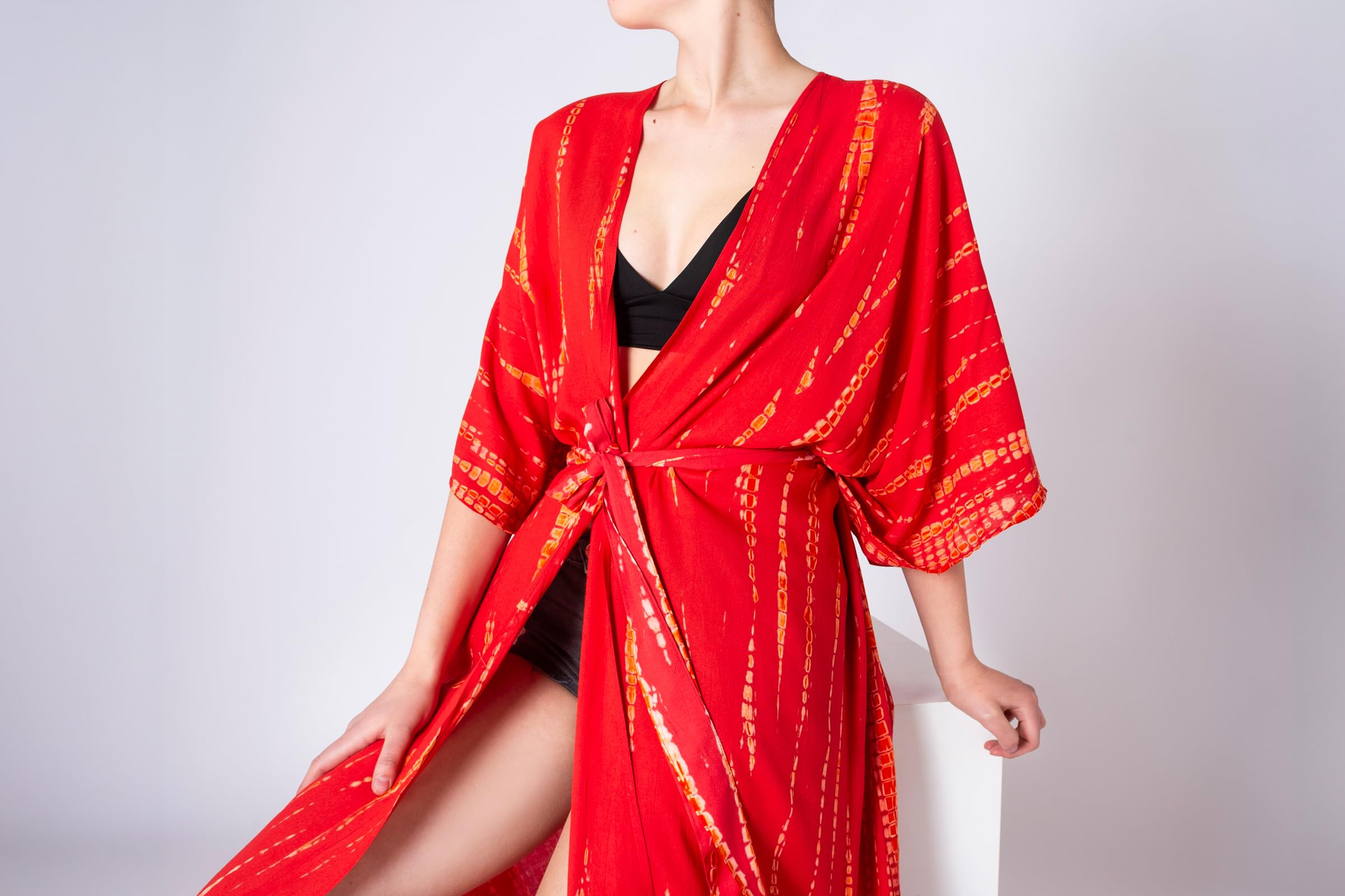 PANASIAM Kimono Batik Damski - Maxi Kimono Plażowe - Luźne Pareo | Tunika plażowa z wiskozy, Lekkie kimono jako narzutka na bikini, z paskiem do wiązania, Styl boho, Dla rozmiarów M-XL