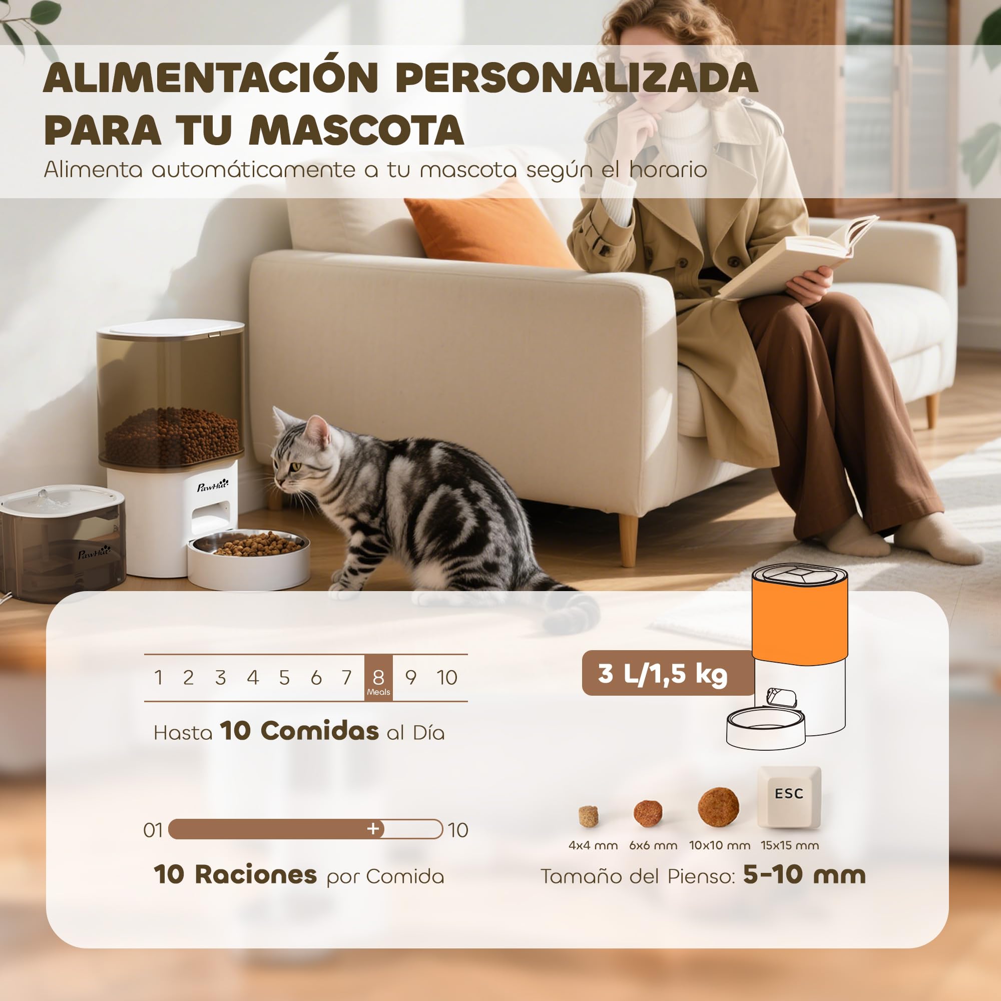 PawHut Comedero Gato Automático Dispensador Comida Gatos Perros de 3L con Control de App 1-10 Comidas al Día Filtros y Luz LED Juego de Comedero y Bebedero Automático Silencioso con Cable USB o Pilas