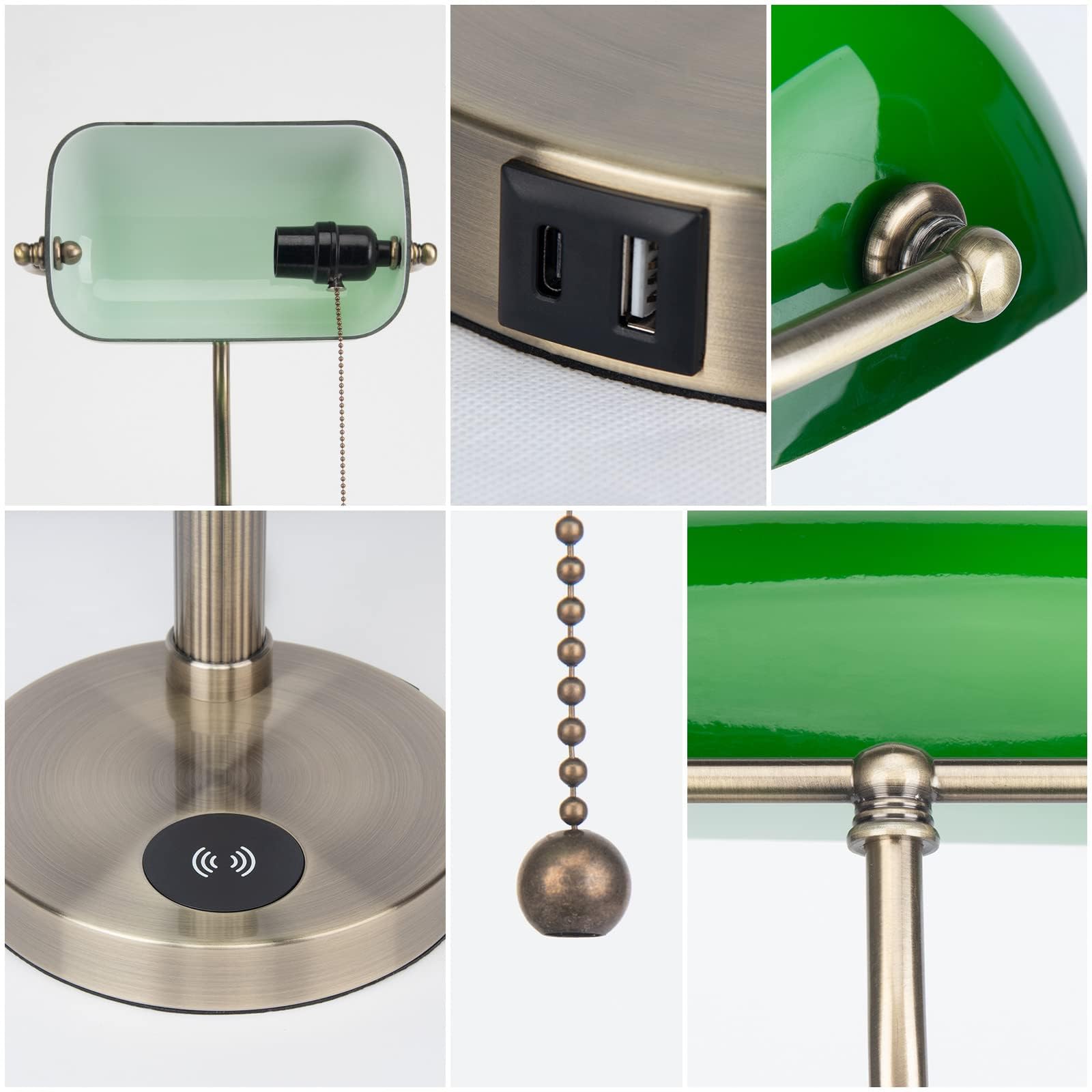 FIRVRE Bankers, zielona szklana lampka na biurko, stolik nocny, lampka z bezprzewodowym ładowaniem, port USB, vintage, mosiądz, łańcuch ciągnący, przełącznik, klasyczna lampa stołowa do domu, biura