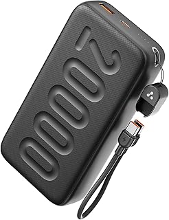 Ambrane 20000mAh Powerbank with in-Build Type C Cable, 22.5W Fast Charging, USB & Type C Output, Power Delivery, Quick Charge for iPhone, Android Mobile & Tablets, Earbuds, (Stylo N20, Black)