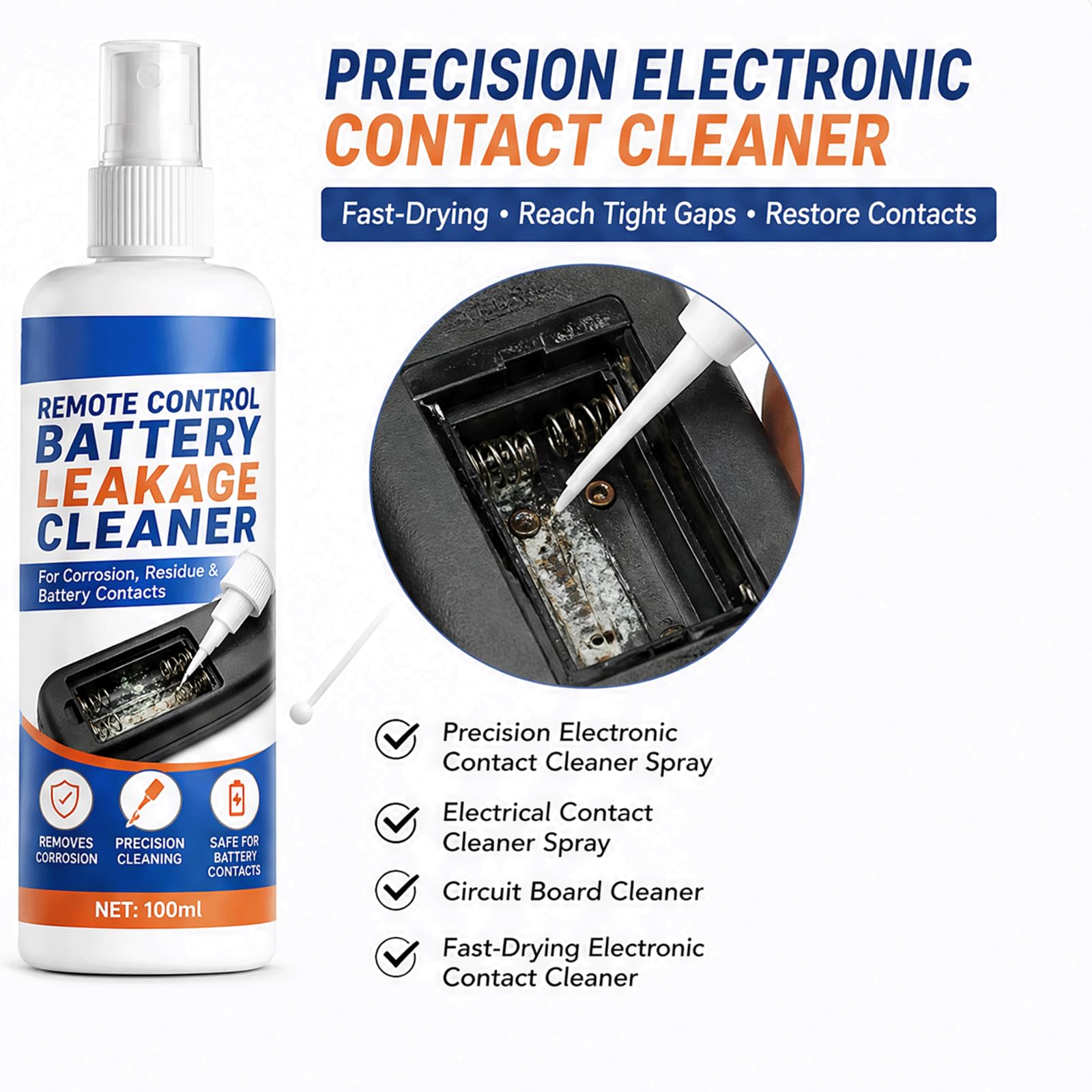 Ferngesteuertes Batterie-Leck-Reiniger-Spray - Batterieklemmenreiniger & Batteriefachreiniger zum Entfernen von Batterie-Lecks, elektronisches Präzisions-Kontaktreiniger-Spray, (5PCS)
