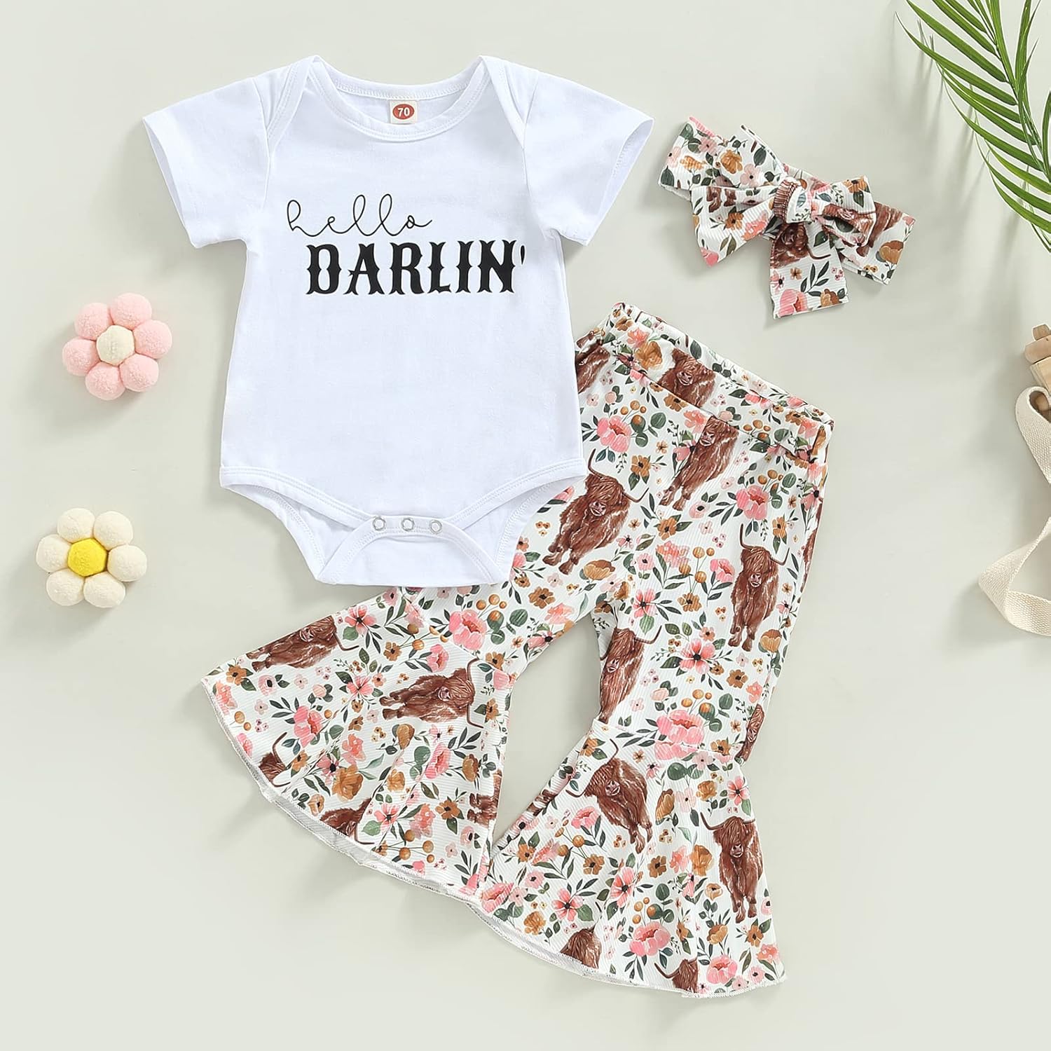 Western Baby Girl Clothes Letter Print Short Sleeve Romper Cow Print Flare Pants Headband 3Pcs Summer Outfits Set - Image 2