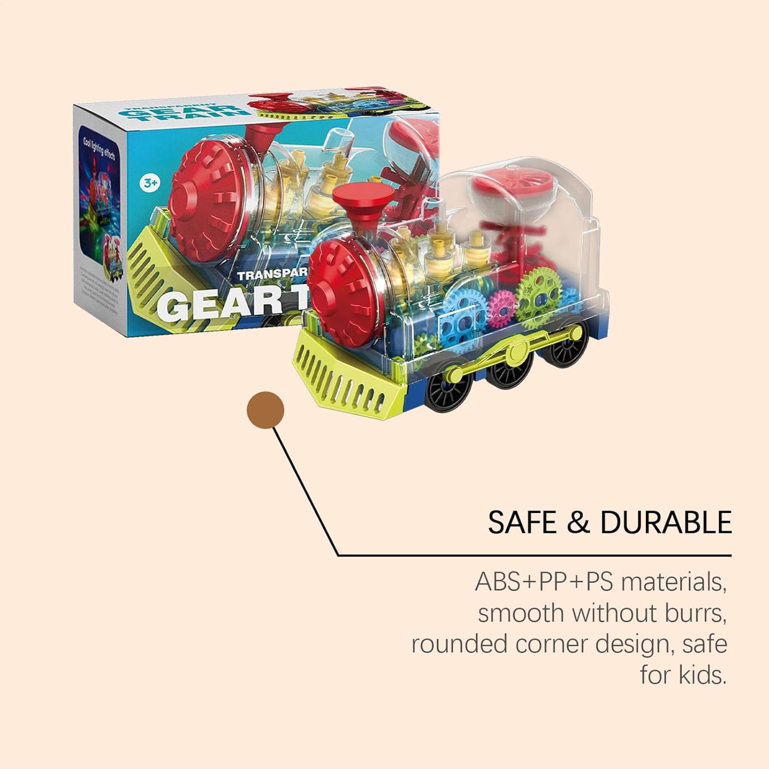 Electric Train Toy, Rotating Gear Vehicle, 6.89x3.94x4.84 Inches Kids Train with Light and Music, Sturdy Polymer Engine, Motion Toy with Transparent Gears, Learning Activity for Kindergarten and Home