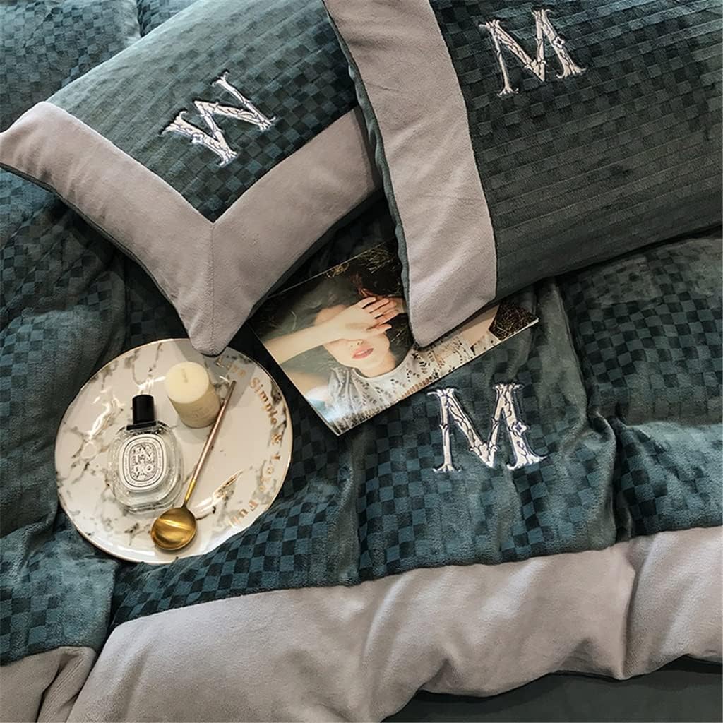 Autumn and Winter Jacquard Milk Velvet Four Piece Warm Coral Velvet Bed Linen Embroidered Duvet Cover Bedding (Color : Blue, Size : 1.5m) (Blue 1.5m) (Blue 1.5m)