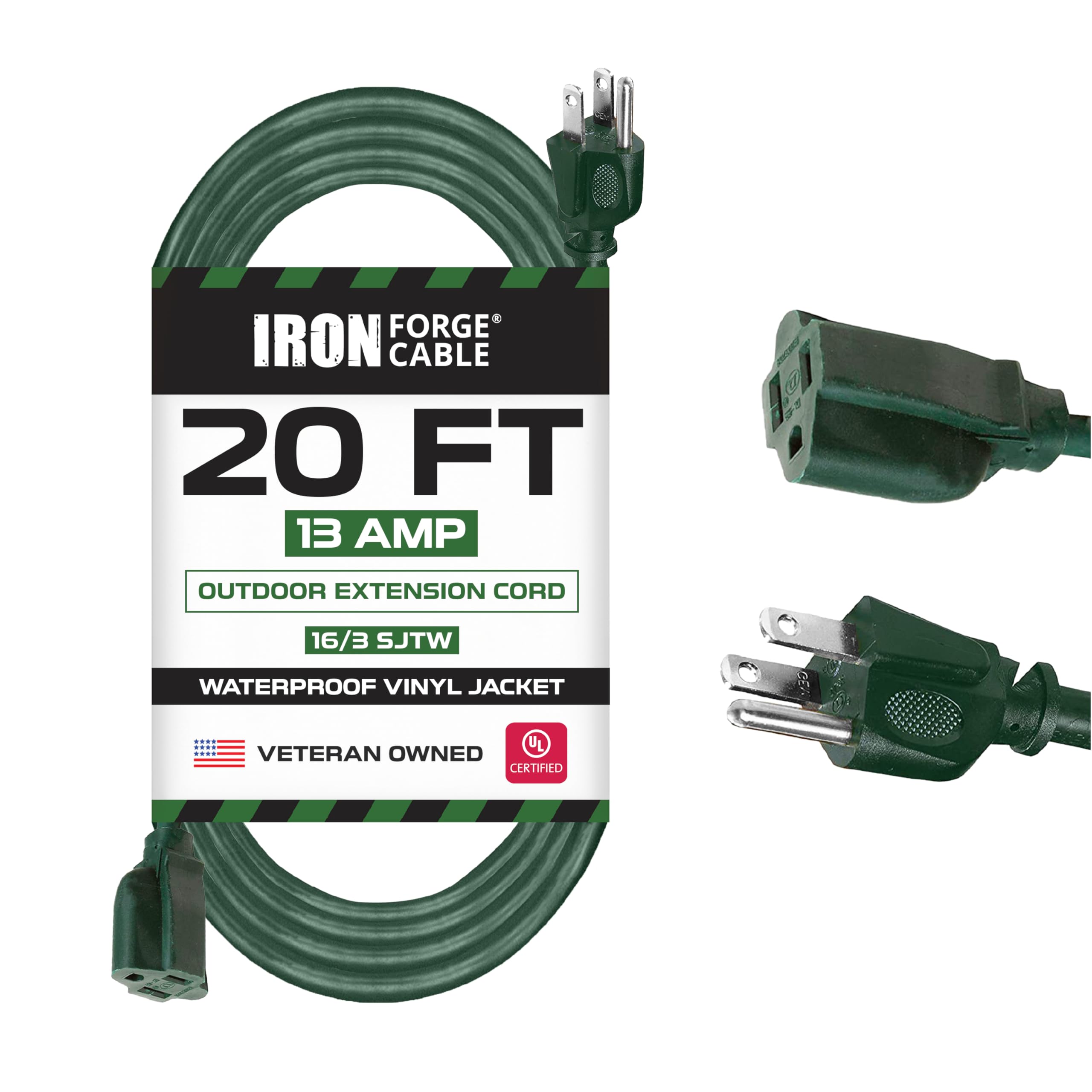 Iron Forge Cable 20 Foot Outdoor Extension Cord, 16/3 Green 20 Foot Extension Cord Indoor/Outdoor Use, 3 Prong, Weatherproof Jacket Extension Cord, Great for Gardens, Landscaping, Lawn Mower and More