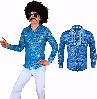 Men’s 70s Disco Blue Sequin Shirt – Shiny Button Down Long Sleeve To...