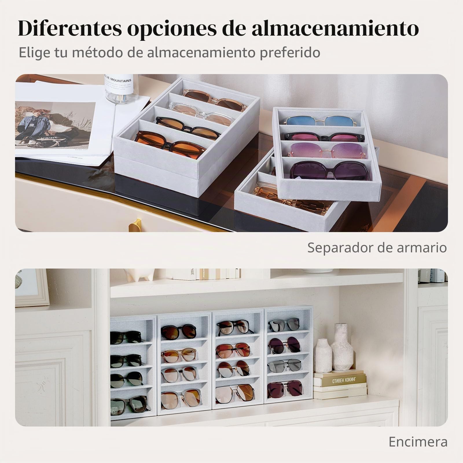 Lolalet Bandeja Organizador de Gafas de Sol, 8 Compartimentos para Gafas de Ante, Estante de Almacenaje para Gafas de Sol para Mujeres y Hombres