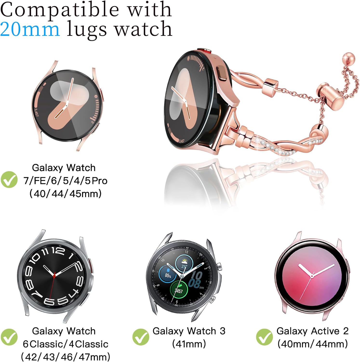 Bling 20mm Galaxy Watch 7 6 5 4 FE Band for Samsung Galaxy Watch 7 6 5 4 Band 40mm 44mm, Women Slim Cute Dressy Bracelet for Samsung Watch Bands 7/6/5/4 6 Classic/3 41mm/Active 2 - Image 4