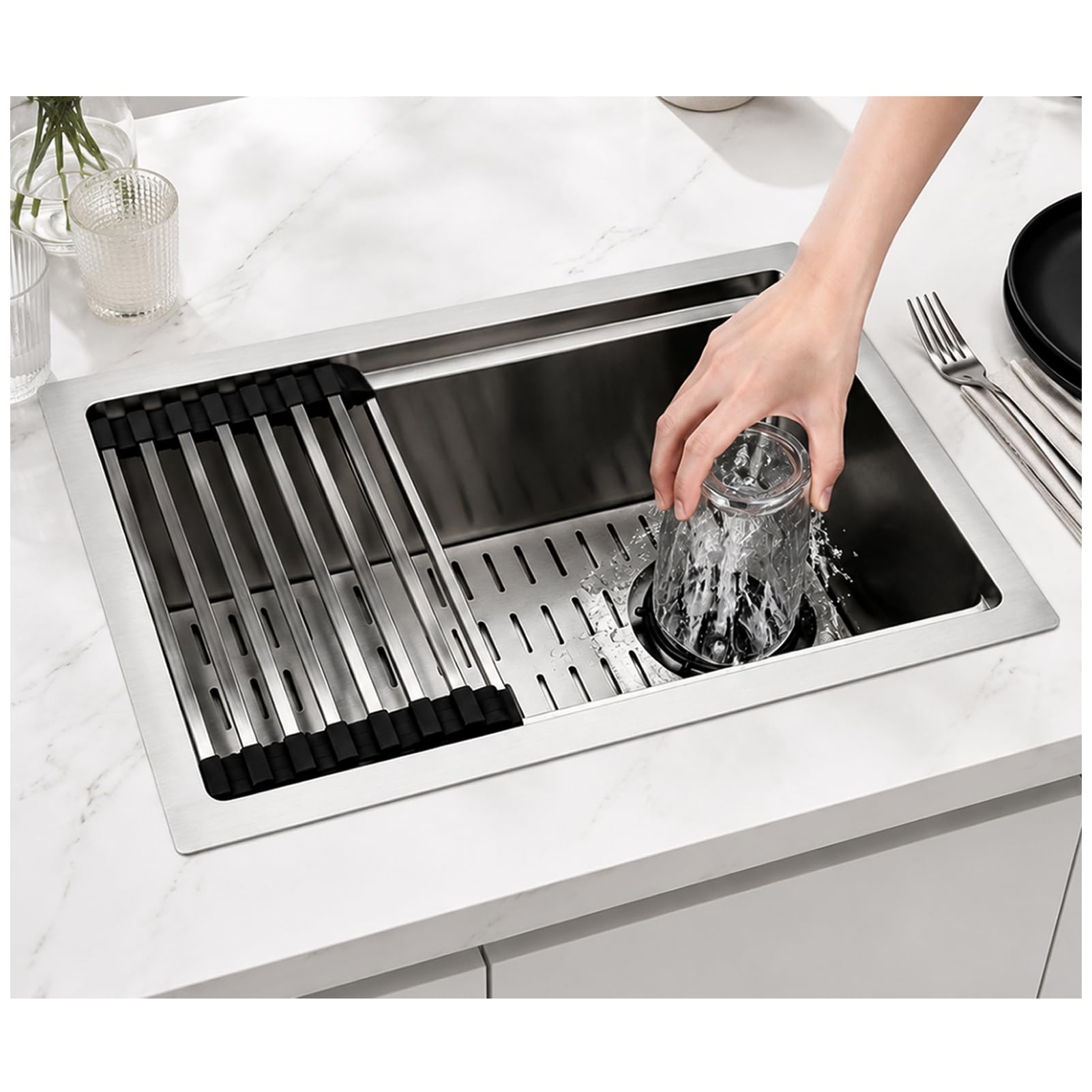 Aivanoto A 304 Stainless Steel Small Bar Sink With Glass Rinser, Single Bowl Prep Sink, Workstation Sink With Drain Knob, Waste Pipe, Drop-In/Undermount Cup Washer Sink For Home Bar, Rv, Pub(48X30.5x22cm)