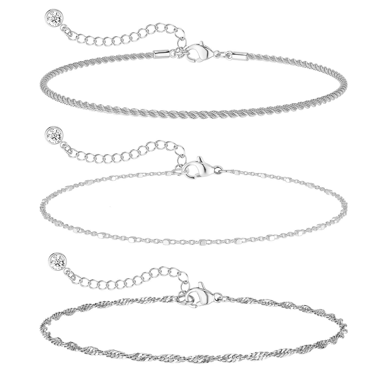 3 Piezas Pulseras, Juego de Pulseras de Acero Inoxidable, Ajustables Apilada Brazaletes para Mujeres y Niñas, Regalo de Joyería para Madre, Plata