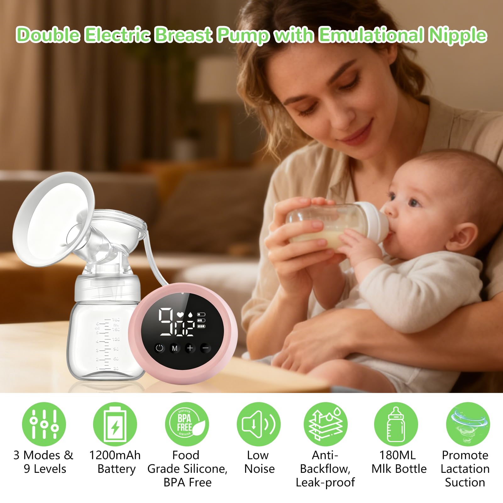 Tiralatte Elettrico Portatile, 9 Livelli e 3 Modalità, Leggero Tira Latte Neonati Elettrico con Display LCD, Tiralatte elettrico Ricaricabile Doppio, Senza BPA