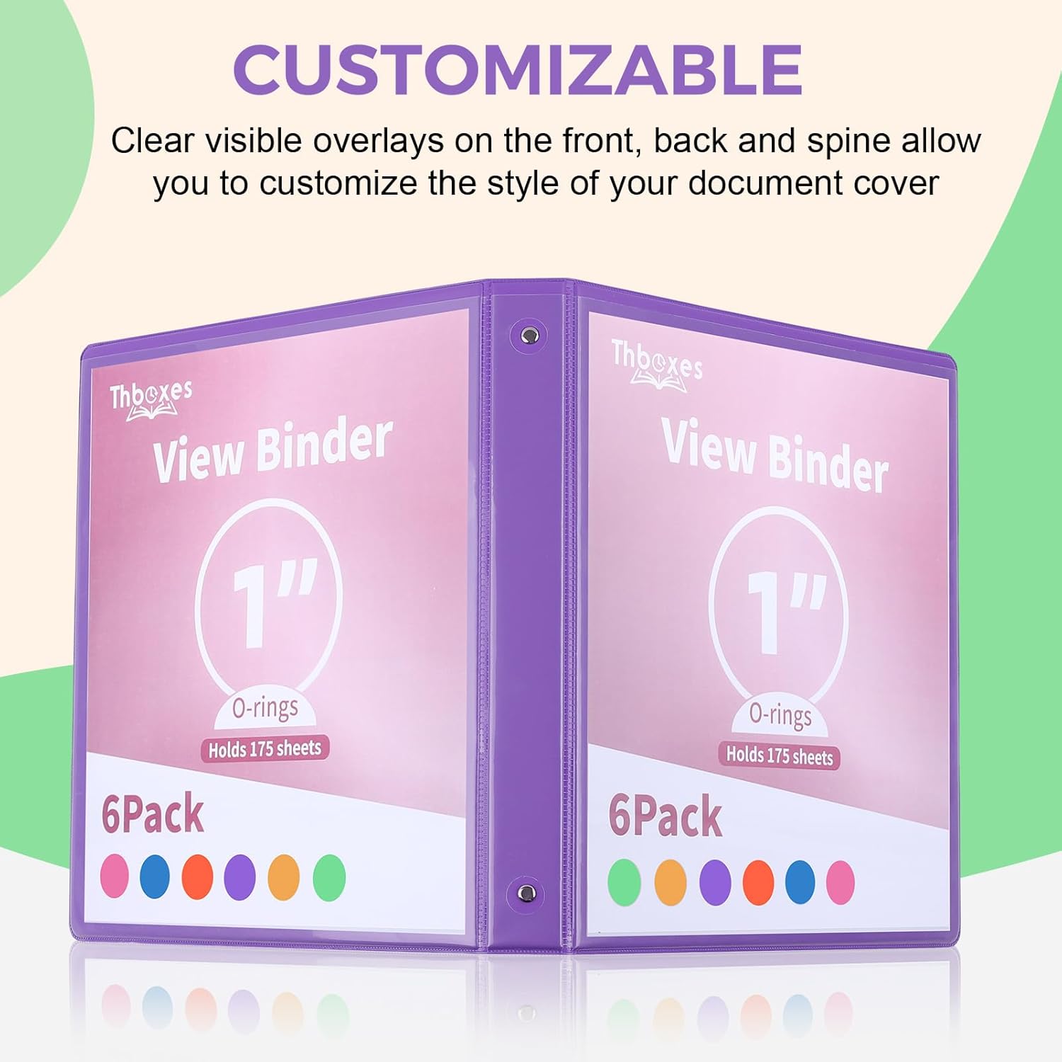 3 Ring Binder - 6 Pack, 1 Inch Binder with 2 Interior Pockets & Clear View Overlay, Large Capacity, Round Ring Binders for Office Supplies, School & Home (6 Colors, Rainbow Colors)