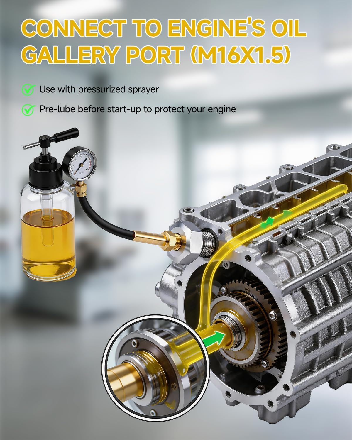 Oil Pump Primer Tool Kit Including M16x1.5 Aluminum LS Oil Pressure Adapter, NPT Brass Barb Connector & Dual Hose Clamps Compatible with Chevy GM LS Engines LS1 LS2 LS3 LSX 5.3L 6.0L 6.2L