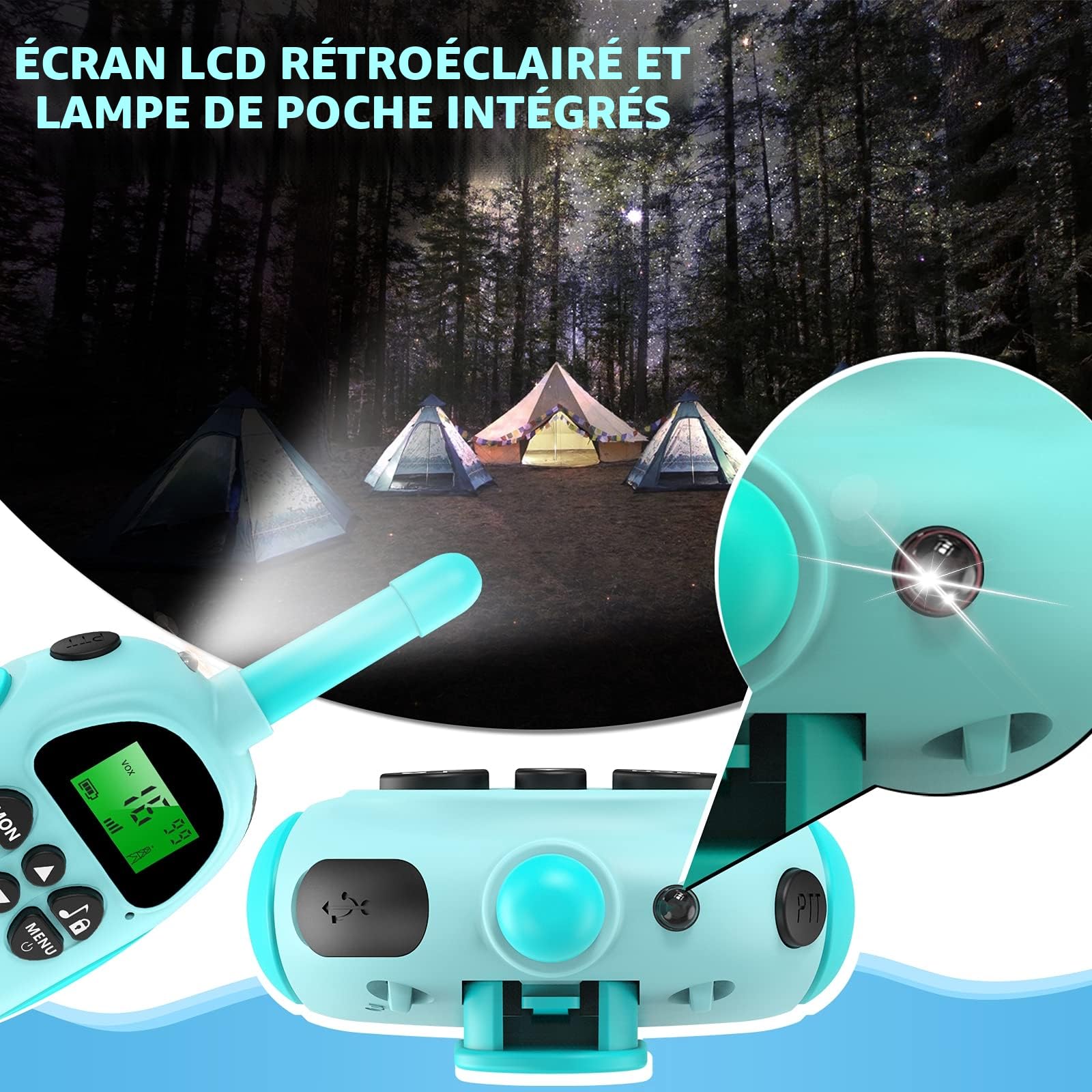 Ushining Talkies Walkies Enfants, VOX Talkie Walkie Rechargeable Enfant, Lampe de Poche LCD Rétro-éclairée, 3 KM pour Aventures Extérieures Camping Randonnée, Cadeau De Noël