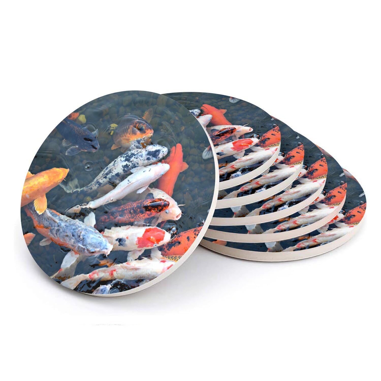 Sous-verre ronds en céramique de 108mm ornés de carpes koi au style traditionnel
