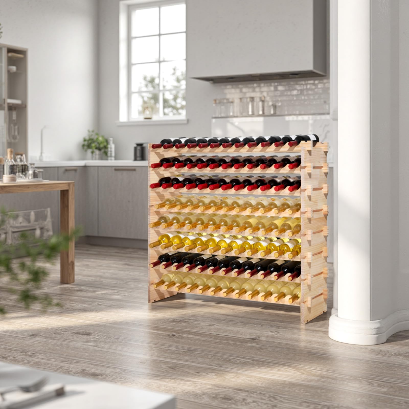 VEVOR Cantinetta Vino in Legno di Pino per 96 Bottiglie 8 Ripiani, Portabottiglie Indipendente con Capacità di Carico Totale di 112 kg, Portabottiglie per Cucina, Cantina, Bar, Sala da Pranzo