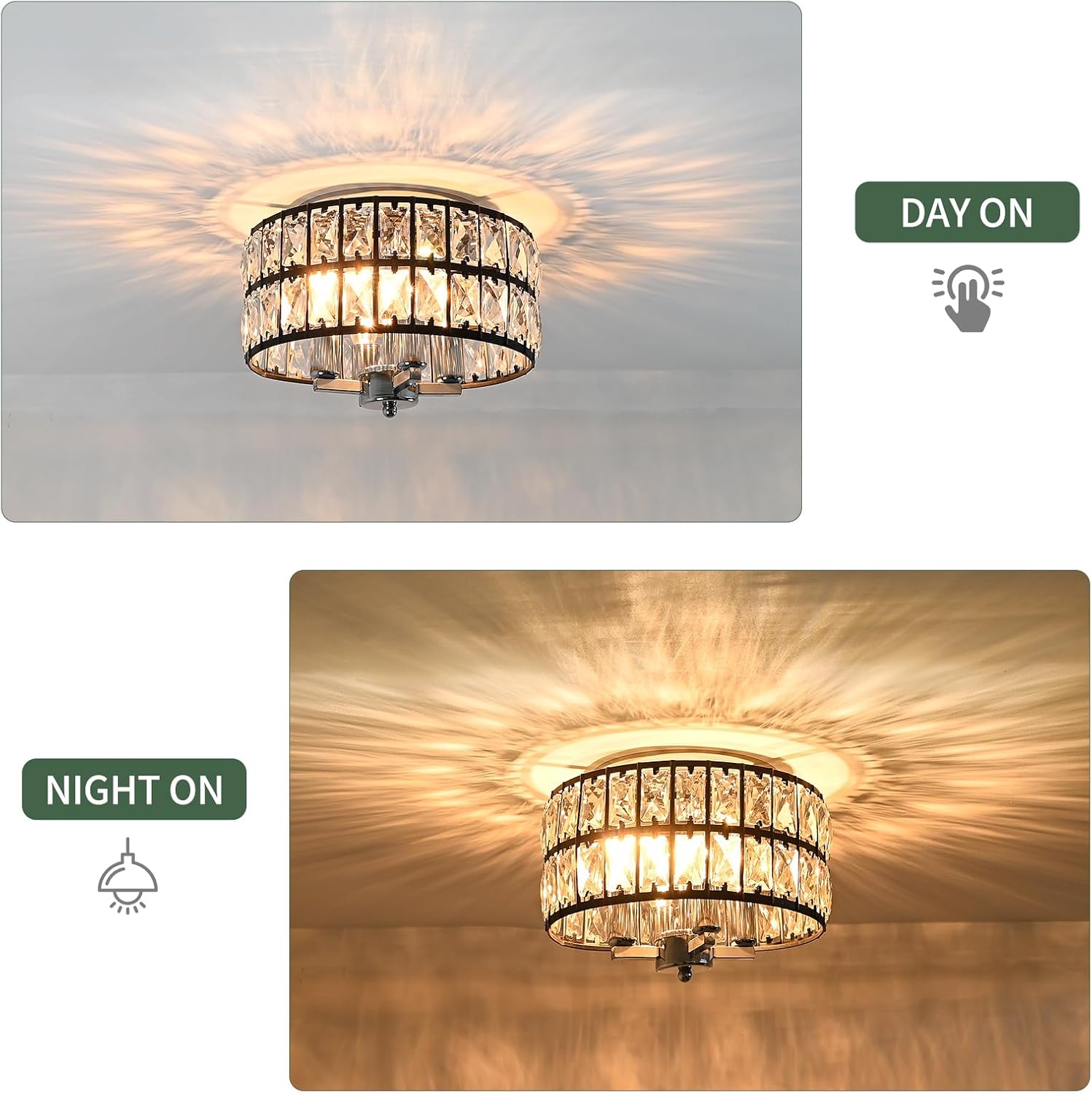 JHLBYL Black and Chrome Flush Mount Ceiling Light, Modern Crystal Ceiling Light Fixture 4-Lights Close to Ceiling Light Fixtures for Hallway Bathroom Kitchen Dining Room Entryway