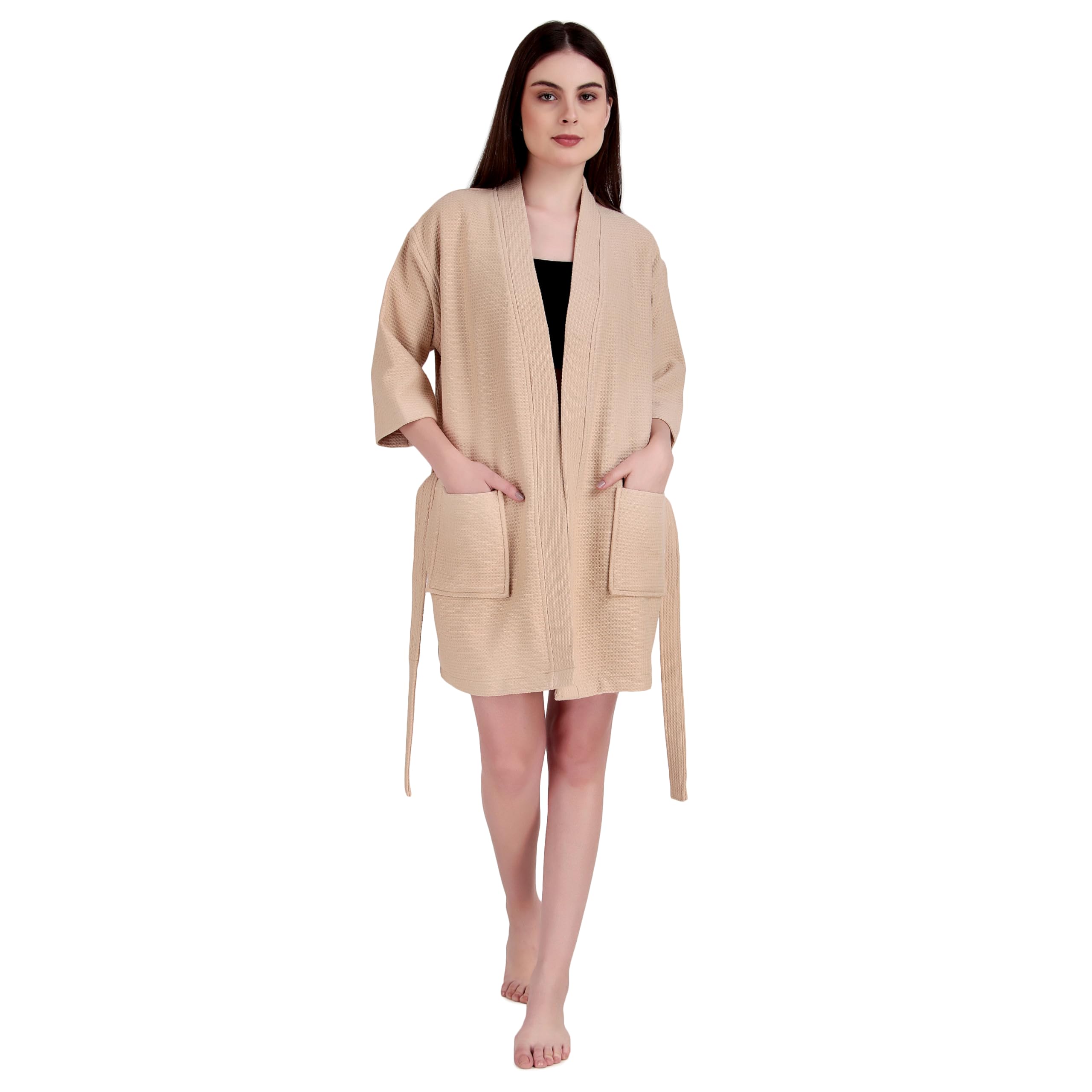 ALLEN & MATE 100% Cotton Women's Short Robe Dual Fabric Waffle Outside & Terry Towel Inside Kimono Bathrobe Medium Weight