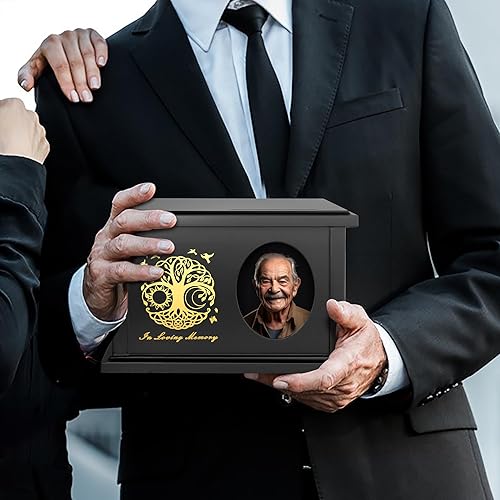 Miniatura 7 de BAMTALK Urnas de cremación para cenizas humanas, adultos, hombres y mujeres, con marco de fotos, caja conmemorativa de madera, ataúd para hombres,