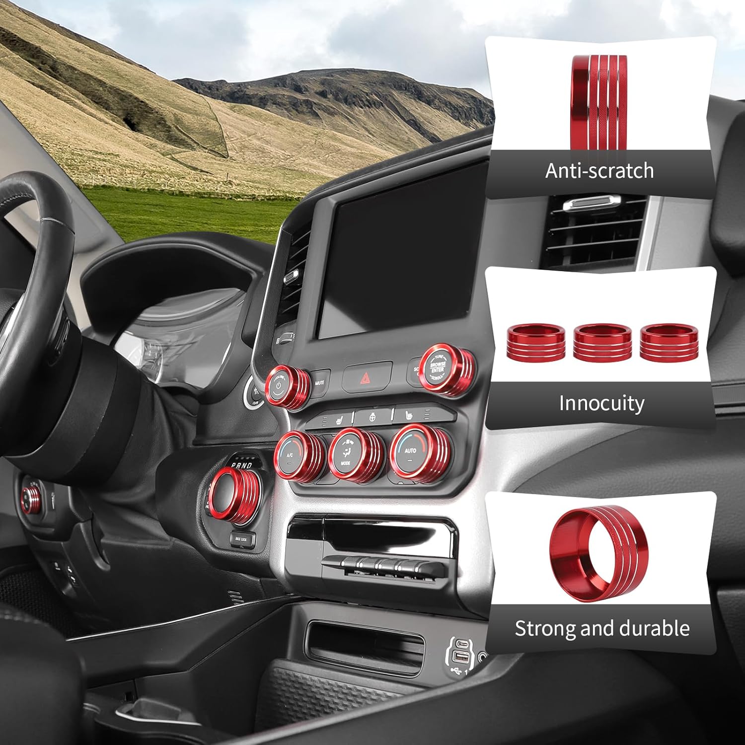 CheroCar Red Radio AC Knobs Air Conditioner Switch Button Center Console Headlight 4WD Gear Shift Switch Knob Cover Trim Aluminum Alloy Knob Ring Compatible with 2018-2025+ Dodge RAM